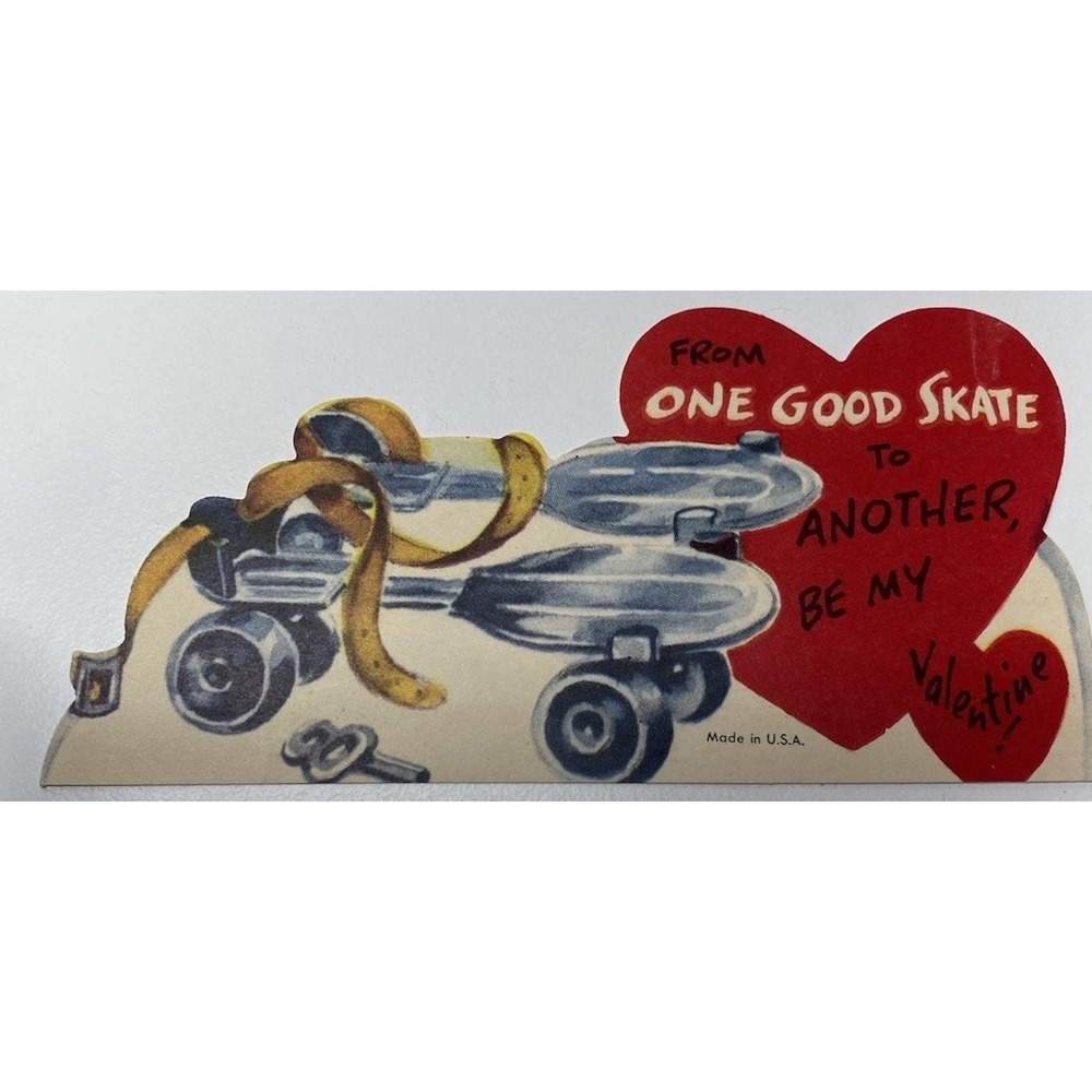 Vintage Roller Skates Valentine Card Die Cut Mid Century Ephemera One Good Skate